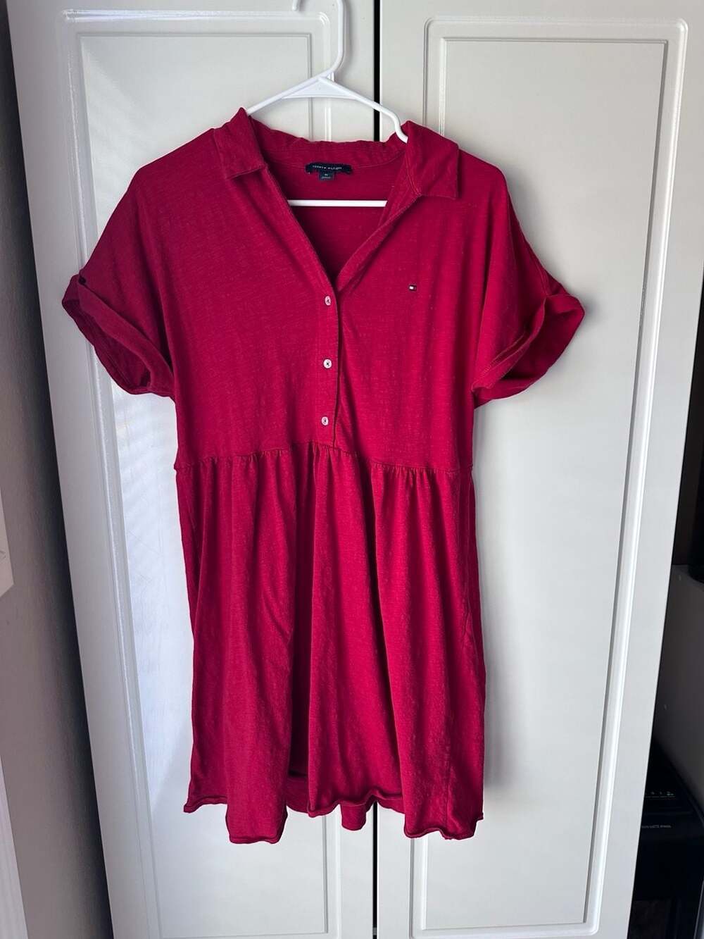 Tommy Hilfiger Short Sleeve Babydoll Dress Size M Red Slub Cotton